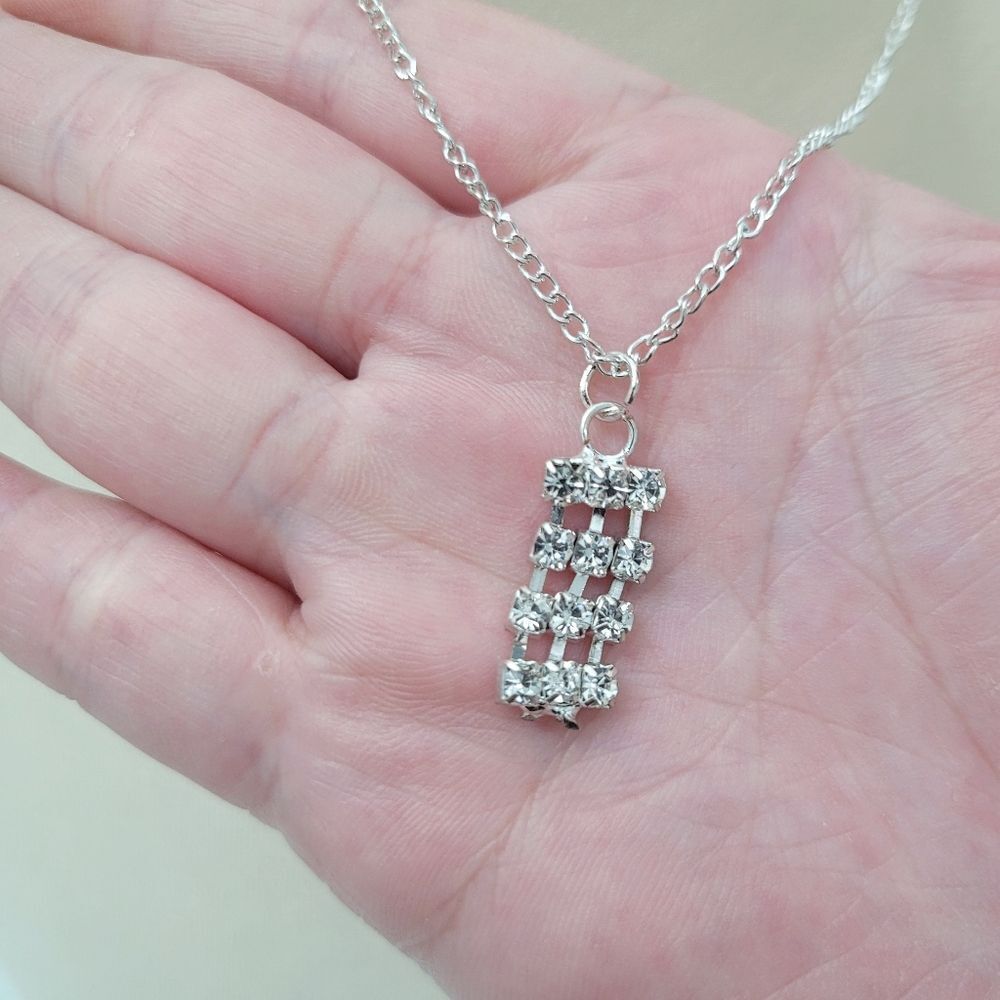 2/$20 Brand New Silver Tone Rectangular Rhinestone Necklace - Picture 2 of 8